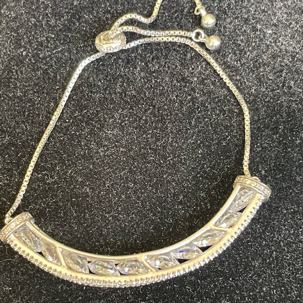 Sterling Silver 925 Crystal Bar Slider Bracelet - Silver